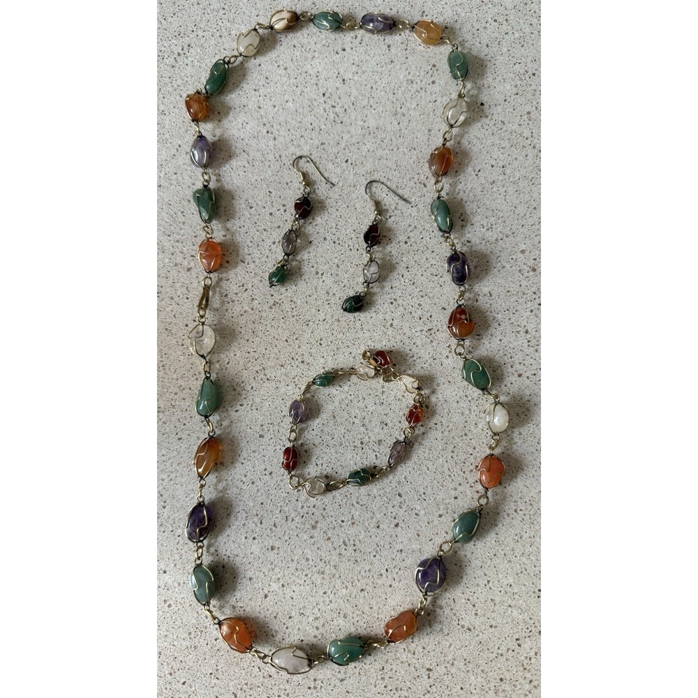 Vintage 70s Wire Wrap Caged Agate Necklace Earrings Bracelet Set Gold Tone